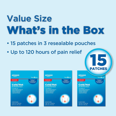 Amazon Basic Care Medicated Cold Hot Patch, 15-Count Box, 5% Menthol, 7.87” x 3.93”