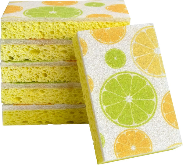 CELOX 6 Pack Lemon Printed Dual Sided Scrub Dish Sponges, Non-Scratch for Kitchen Cleaning, 4.5" x 2.8" x 0.8"