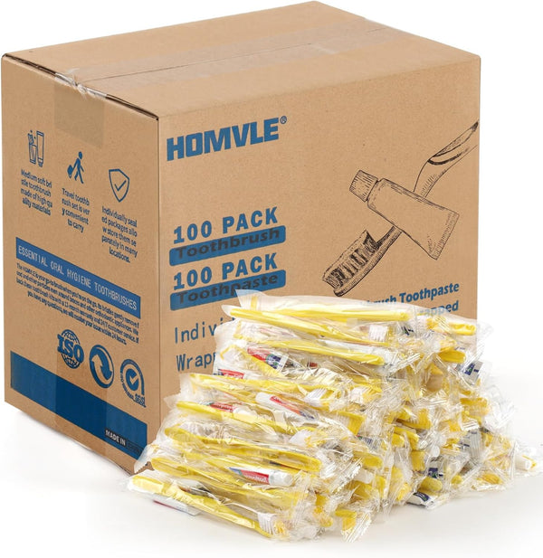 Disposable Toothbrushes with Toothpaste - 100 Packs, Individually Wrapped Travel Size for OCC, Airbnb, Dentist, Office