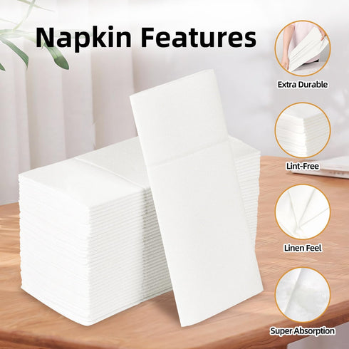 KAMMAK White Cloth Like Dinner Napkins, Disposable Thick Paper Napkins with Pre-Folded Silverware Pocket, 100 Pack