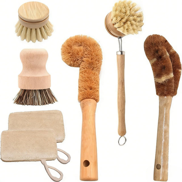 Voittozege 7 Piece Wooden Dish Brush Natural, Bamboo Brush Kitchen Set Dish Cleaning