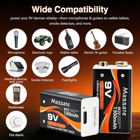 Massate 4 Pack 9V 1300mAh: 4 1 9 Rechargeable Batteries USB C Lithium Ion Battery with in Charging Cable, Long Lasting