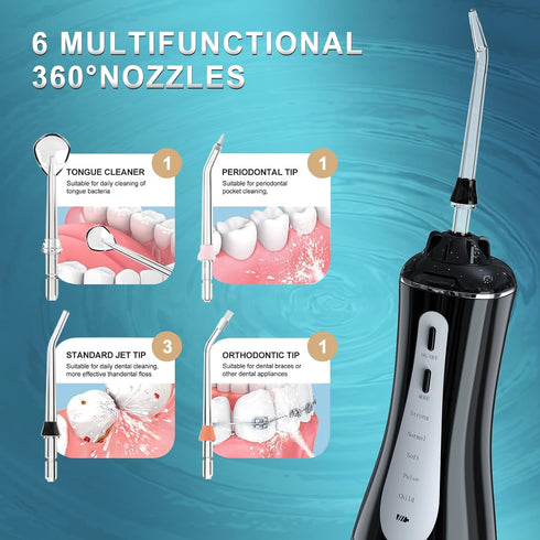 Water Dental Flosser Oral Irrigator, 5 Modes, 350ml, 6 Tips, IPX7 Waterproof, Rechargeable for Travel & Home