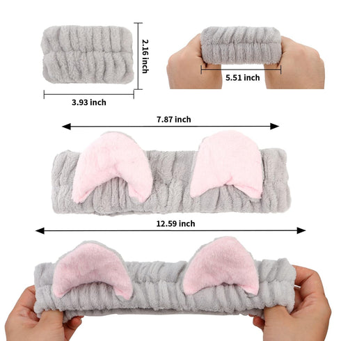 6 Pcs Spa Headband Face Wash Headband and Wristband Set, Cute Make Up Cat Ears Headband Plush Animal Makeup Skincare Headbands with Face Washing Wristband for Women