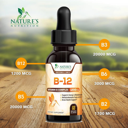 Vitamin B12 Complex Drops 1200 mcg - Fast Absorption Liquid for Energy, Nerves, Immune Health - 2 Fl Oz