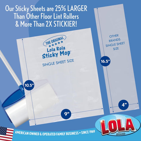 Lola Rola Giant Floor Lint Roller, 9" W x 3.5" Dia., Best Pet Hair Remover with 30 Large Adhesive Sheets