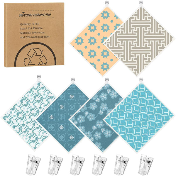 6 Pack Swedish Dishcloths for Kitchen, Reusable Paper Towels, Washable Absorbent Cellulose Sponge Cloths