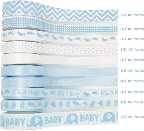 HUIHUANG Baby Blue Ribbon for Baby Shower Its A Boy Blue Ribbon Assorted Foot Print Elephant Satin Ribbon for Gift Wrapping Crafts Diaper Cake Baby Shower Birthday Favor-5 Yards Each Total 50 Yards by HUIHUANG