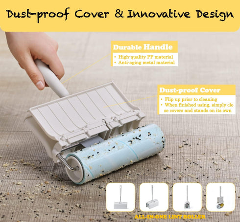 Extra Sticky Large Surface Lint Roller with Dust-Proof Cover, 240 Sheets/4 Refills, Pet Hair Remover