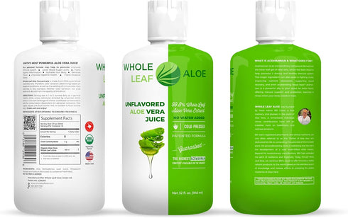 Whole Leaf Aloe Vera Juice - Potent, Unflavored, for Digestive Health, Skin Care and Hydration, Highest Acemannan