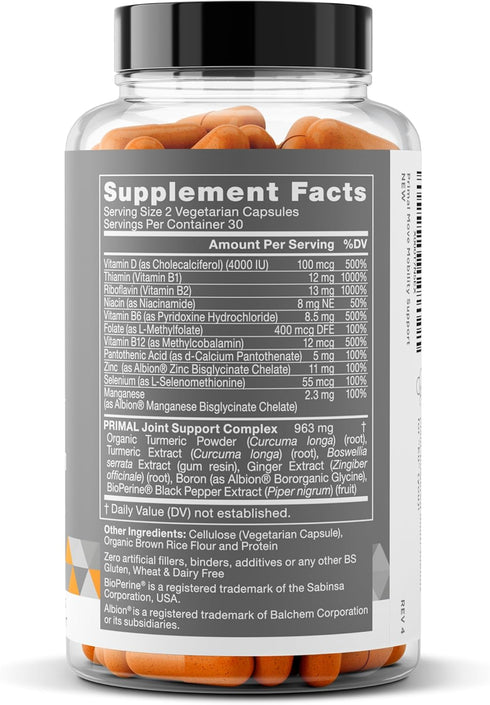 Primal Joint & Mobility Support - Advanced Supplement for Women and Men - Turmeric, Boswellia, Ginger, Boron - 60 Veg
