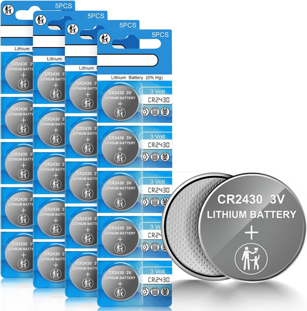 20 Count Pack CR2430 3V Lithium Coin Battery for Remote Controls, Car Key Fobs