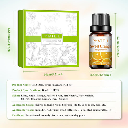 10Pcs Fruity Fragrance Oil Set for Candle Making, Freshie Scents, Coconut, Cherry, Apple, Strawberry, Mango