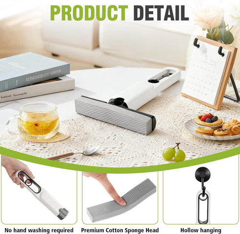 PISEMUAK 2 Countertop, Mini Sponge Mop Self Wringing, Foldable Desktop Mop with Upgraded Handle + Refill Heads, Compact