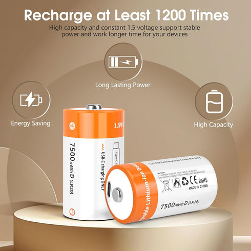 TEMIBATT 8 Pack, 1.5V 7500mWh Rechargeable D Batteries Lithium D Battery with USB-C Charging Cable, Long-Last