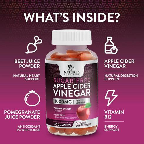 Nature's Nutrition Apple Vinegar Gummy for Weight Loss 1000mg - Vegan ACV Gummies for Detox & Cleanse, 60 Gummies