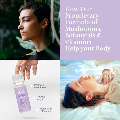 SAGA Organic Sleep Shots, Adaptogens & Mushrooms, Valerian Root, Reishi, & GABA, Lavender 2oz Shots (6-Pack)
