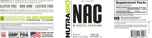 NutraBio N-Acetyl Cysteine Supplement (NAC) - 150 Grams Powder, 600mg Serving - Non-GMO, Gluten Free, Immune Support