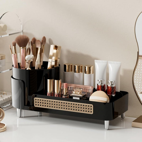 Rotating Large Capacity Cosmetic Display Case - Black Bathroom Counter Organizer for Skincare & Cosmetics