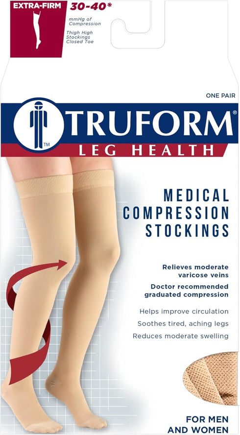 Truform Compression Stockings for Men and Women, 30-40 mmHg, Thigh High, Dot-Top, Closed Toe, Beige, Medium