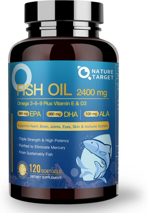Triple Omega 3 6 9 Fish Oil Softgels - 2400mg with Vitamin D3 & E for Heart, Brain, Joint & Immune Health