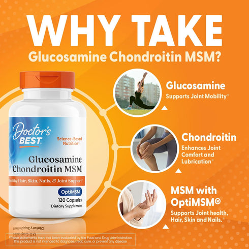 Doctor's Best Glucosamine Chondroitin MSM with OptiMSM, 120 Count, Supports Healthy Joint Structure, Non-GMO