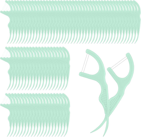 Baderke 100 Count Dual Line Floss Picks, Non-Breakable Dental Floss Picks for Adults, Family Travel (Light Green)