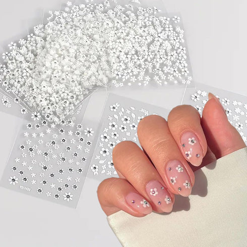 White Flower Nail Stickers, 30 Sheets 3D Self-Adhesive Floral Nail Art Supplies for Women Girls Manicure Tips