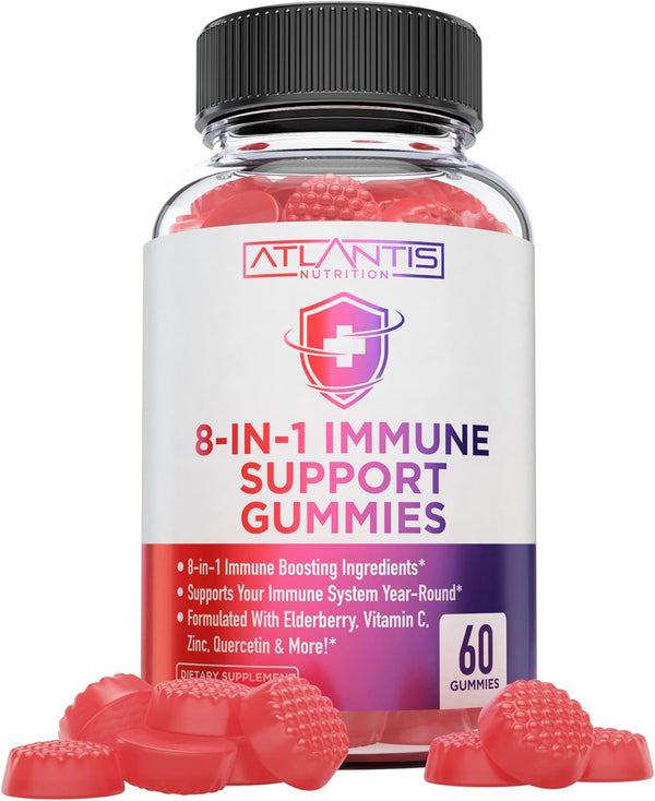 8-In-1 Immune Support Gummies with Elderberry, Zinc & Vitamin C, 60 Gummies for Adults & Kids Immune Boosters