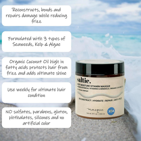 Saltie Deep Moisture Vitamin Masque, 8.5 fl oz - Marine Botanicals & Organic Coconut Oil for Anti-Frizz Repair