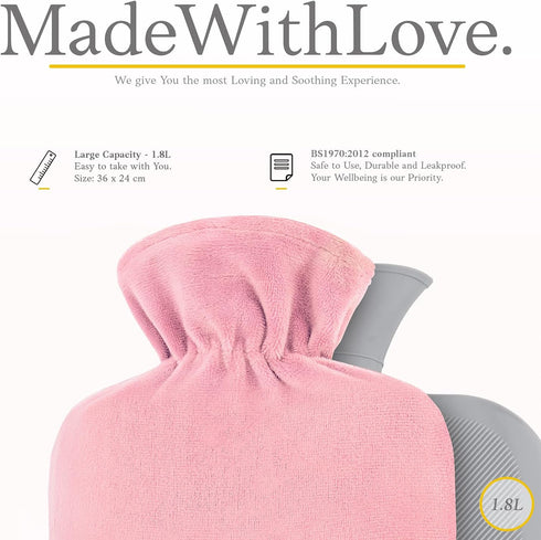 Qomfor 1.8L Cozy Hot Water Bottle with Soft Fleece Cover - Large - Premium Hot Water Bag for Pain Relief, Period