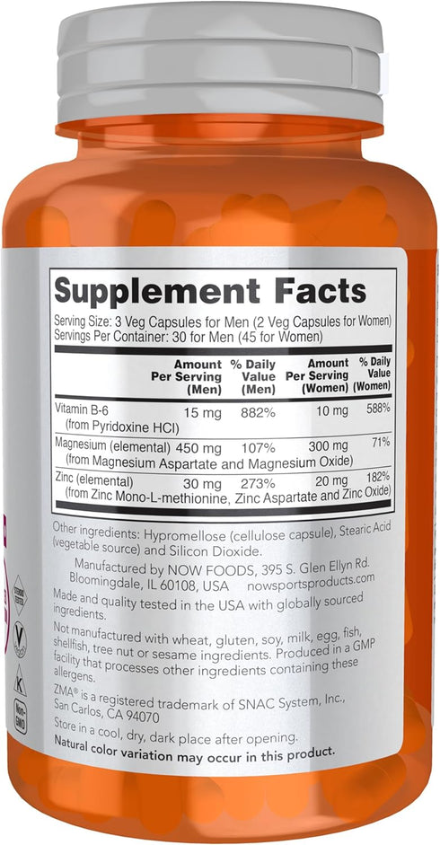 NOW Sports Nutrition, ZMA (Zinc, Magnesium and Vitamin B-6), Enhanced Absorption, Sports Recovery*, 90 Capsules