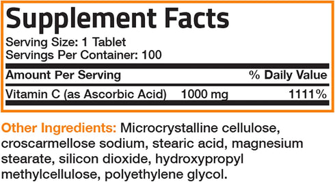 Vitamin C 1000 mg Premium Non-GMO Ascorbic Acid, 100 Tablets - Supports Immune System and Antioxidant Protection