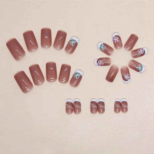 White French Tip Press on Nails, Medium Square Fake Nails with Butterfly Lines Design, 24Pcs Full Cover