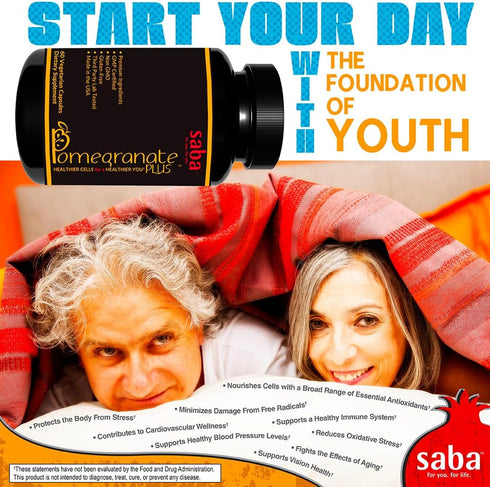 Saba Pomegranate PLUS - Cellular Nutrition, Broad Spectrum of Essential Antioxidants - Support for Stress,