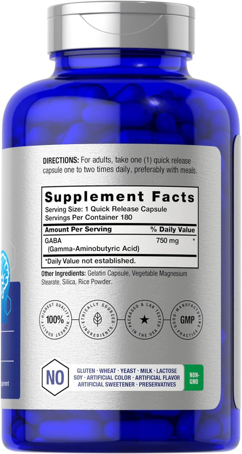 Horbaeach GABA 750mg | 180 Capsules | Gamma Aminobutyric Acid Supplement | Non-GMO, Gluten Free