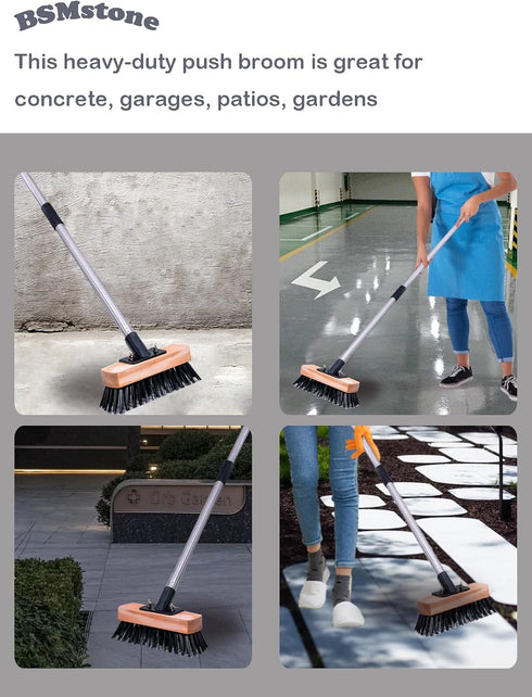 Swimming Heavy Duty Push Broom Stiff Bristle Broom Brush with Solid Wood Broom Head Indoor Outdoor Floor Scrubber