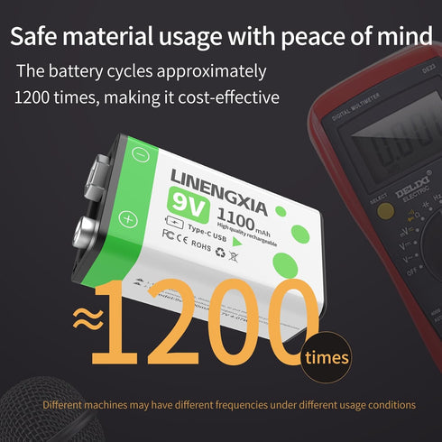 LINENGXIA 9V 1100mAh (2-Pack 1200 (9V) Lithium Rechargeable Batteries Green) with Type-C Cable | Life Cycles |