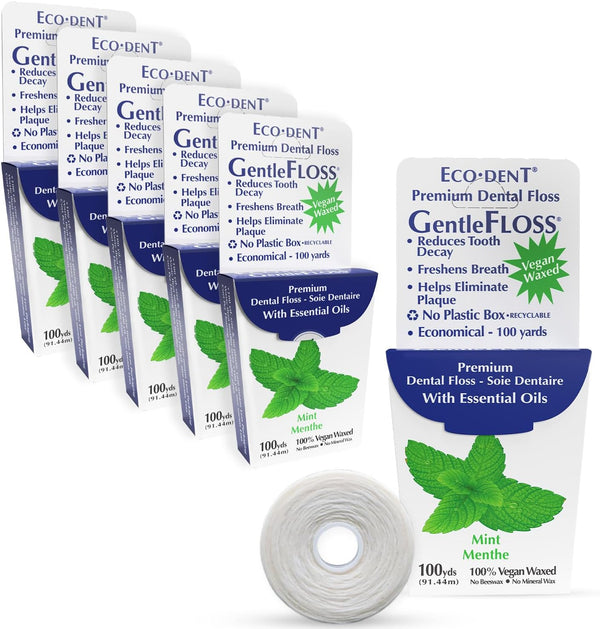 Eco-Dent GentleFloss Dental Floss, Waxed, Mint - Vegan Plant-Based Wax, 100 Yds Each (Pack of 6)