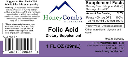 HoneyCombs Vitamin B9 Liquid Drops, High Potency Folic Acid Supplement for Women, 1 Fl oz