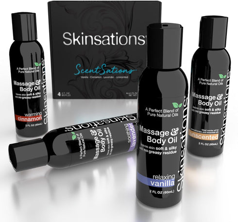 Set Set (4 2oz) Skinsations Massage Oil Gift Variety for Couples, Travel Size Lightweight, Non-Greasy, Hydrating Body
