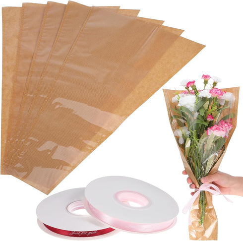 Flower Bouquet Wrapping Paper with Ribbon,40PCS Kraft Flower Sleeves for Bouquets, Brown