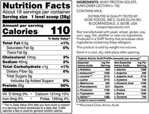 NOW Foods Sports Nutrition, Whey Protein Isolate, 25 g with BCAAs, Unflavored Powder, 1.2-Pound