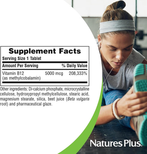 NaturesPlus Shot-O-B12, 30 Vegetarian Tablets - 5000 mcg Methylcobalamin, High Potency B12 Supplement