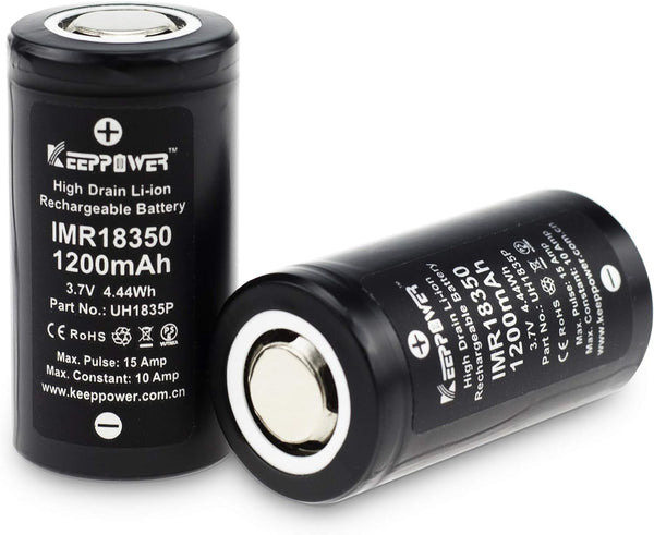 Keeppower 2 Pcs Flat Top 18350 10A Discharge IMR 1200mAh 3.7V UH1835P Quality High Drain Li-ion Battery