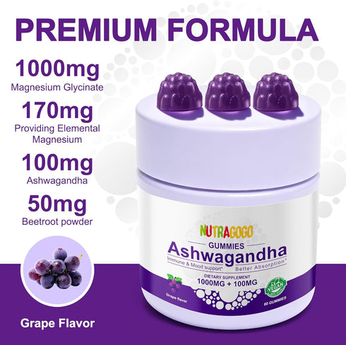NUTRAGOGO Gummies D3 Gummies Free)-2 Pack Ashwagandha & Vitamin Organic Aswangdha Supplement for Improve Sleep, Stress