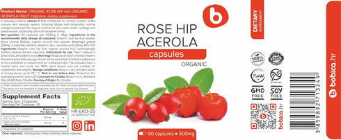 Organic Rose Hips & Acerola Vitamin C Capsules, 1000mg, for Immune and Collagen Support