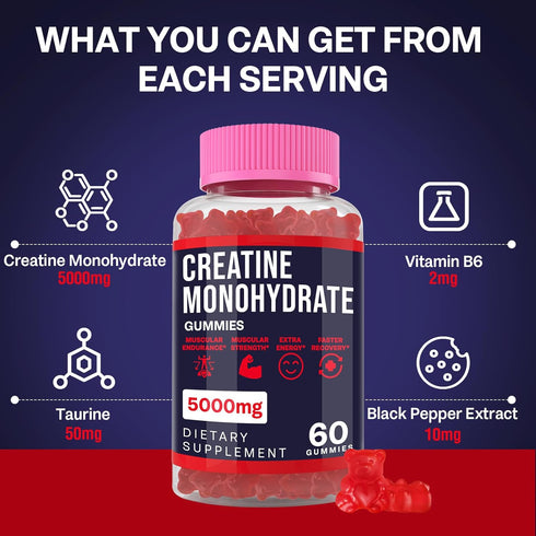 Creatine Monohydrate Gummies for Men & Women, Chewable Supplement for Strength and Endurance - 2 Pack