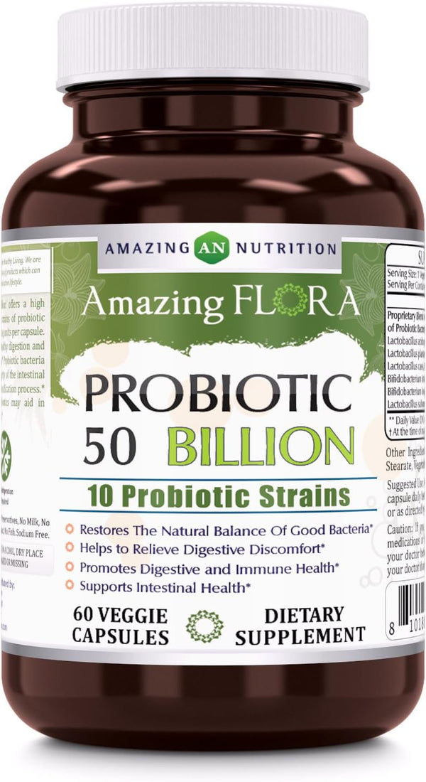 Amazing Flora Probiotic, 50 Billion with 10 Strains, 60 Veggie Capsules for Digestive & Immune Health