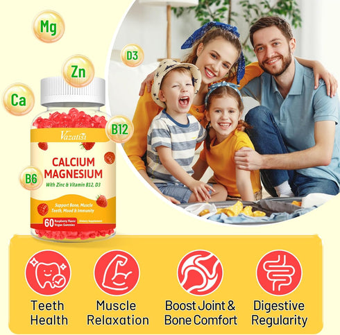Calcium Magnesium Zinc Gummies with Vitamin D3 & B12, Sugar-Free, Vegan Raspberry Flavor - Supports Bone, Muscle, Mood